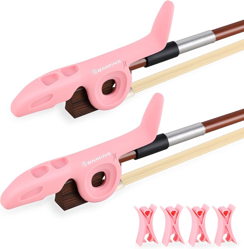 RANMING Violin Bow Holder for Practice–2Pcs Silicone Hand Position Corrector Non-Slip Teaching Tool for Beginners Students Improve Bow Grip & Posture Violin Teaching Aid With 4 Bow Stopper Pink - Image 1